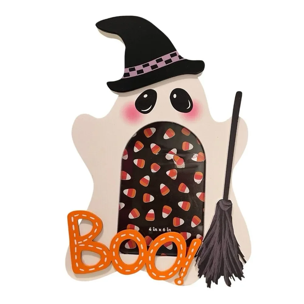 “Boo!” Ghost In Witch Costume Wooden Picture Frame With Appliqués 4x 6 Picture